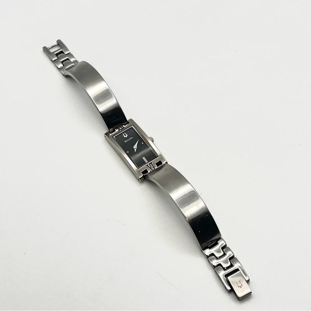 Bulova Womens Watch Silver Tone Rectangle Black Dial 6.25" New Battery - Picture 4 of 14